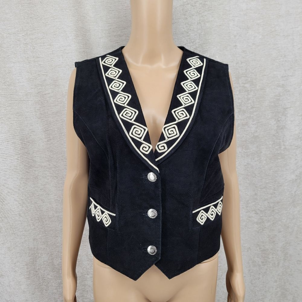 Cripple Creek Vintage Leather Women's Black With White Design Vest Western Boho